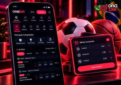 Área esportiva da Onabet no celular com símbolos de futebol, basquete e apostas.